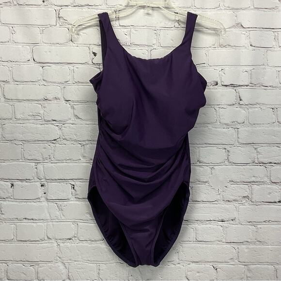 Miraclesuit Swimsuit Women's Size 12 Purple One Piece Ruching Beach Cruise Pool - Picture 1 of 12